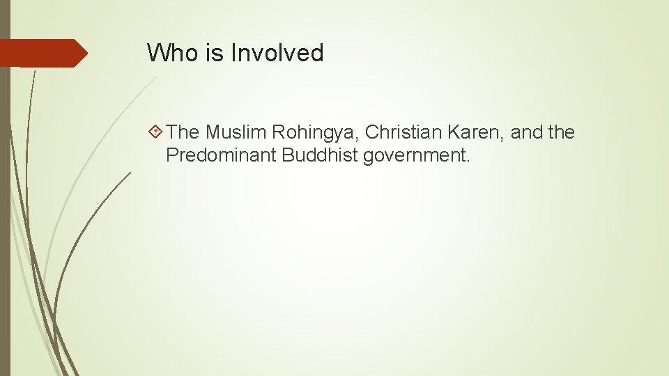Who is Involved The Muslim Rohingya, Christian Karen, and the Predominant Buddhist government. 