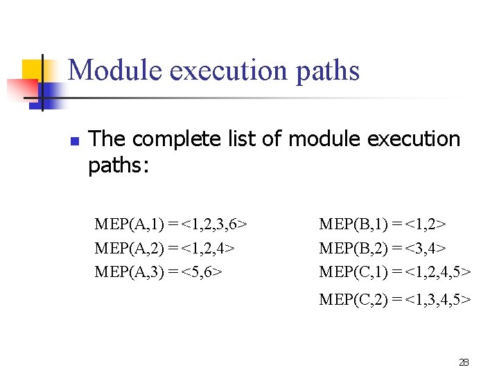 Module execution paths n The complete list of module execution paths: MEP(A, 1) =