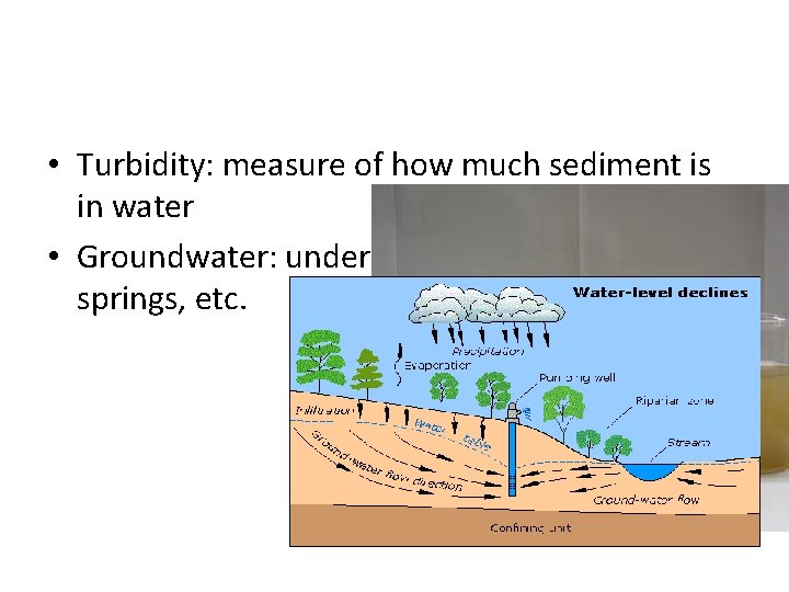  • Turbidity: measure of how much sediment is in water • Groundwater: underground