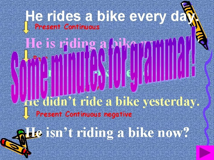 He rides a bike every day. Present Continuous He is riding a bike now.