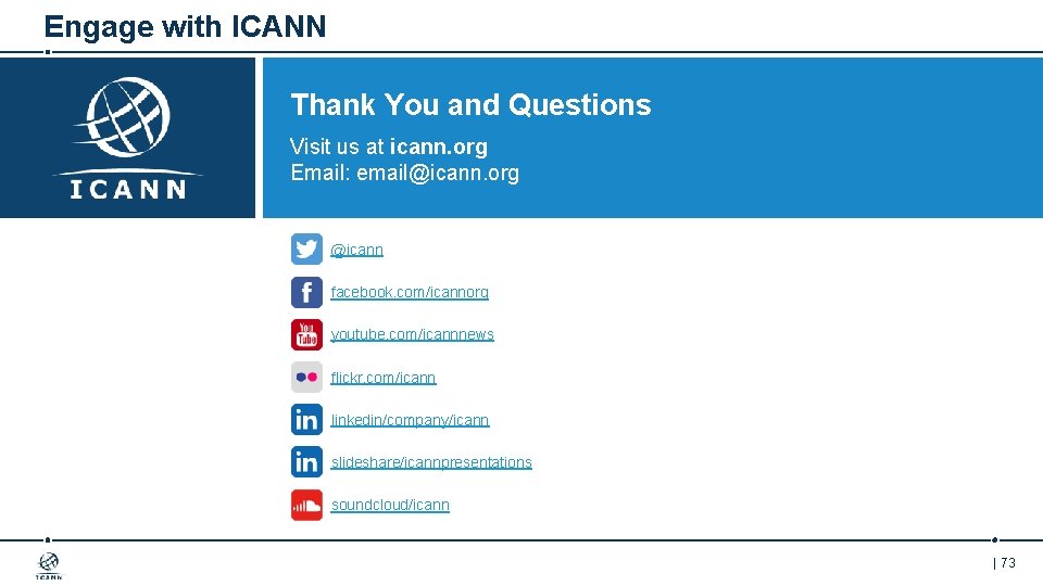 Engage with ICANN Thank You and Questions Visit us at icann. org Email: email@icann.