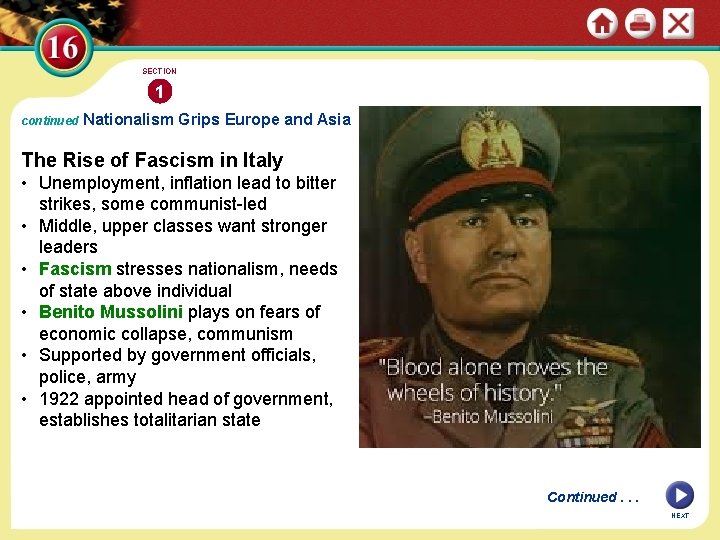 SECTION 1 continued Nationalism Grips Europe and Asia The Rise of Fascism in Italy