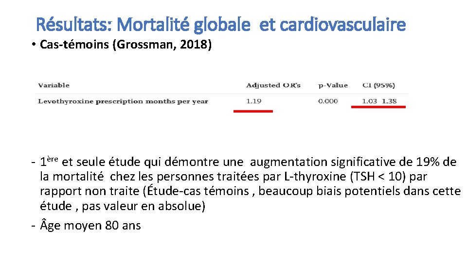 Résultats: Mortalité globale et cardiovasculaire • Cas-témoins (Grossman, 2018) ‐ 1ère et seule étude