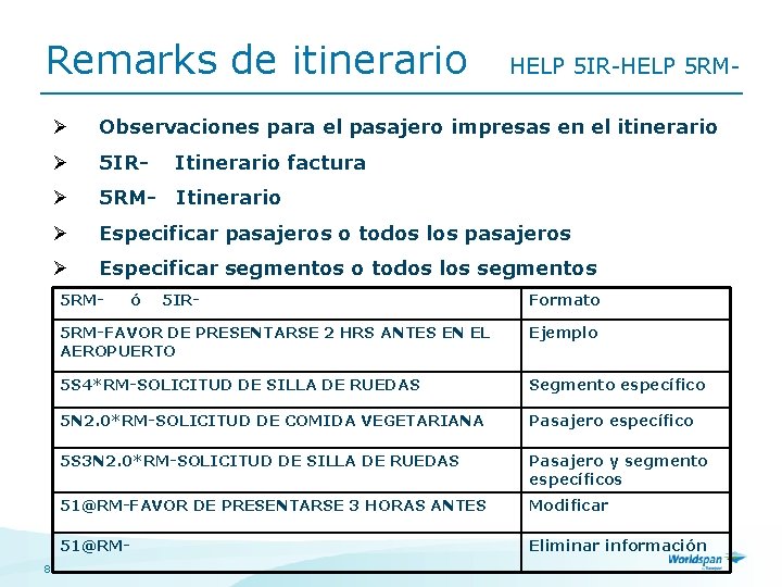 Remarks de itinerario Ø Observaciones para el pasajero impresas en el itinerario Ø 5