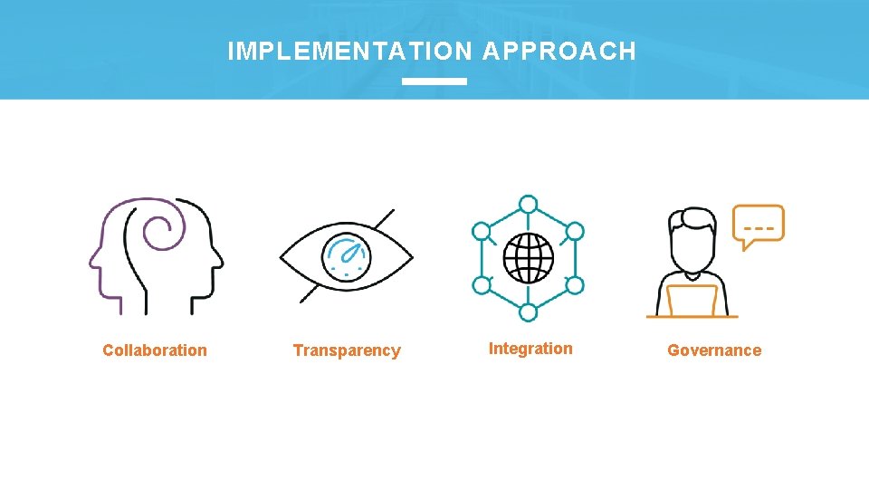 IMPLEMENTATION APPROACH Collaboration Transparency Integration Governance 