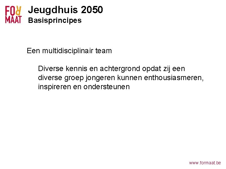 Jeugdhuis 2050 Basisprincipes Een multidisciplinair team Diverse kennis en achtergrond opdat zij een diverse