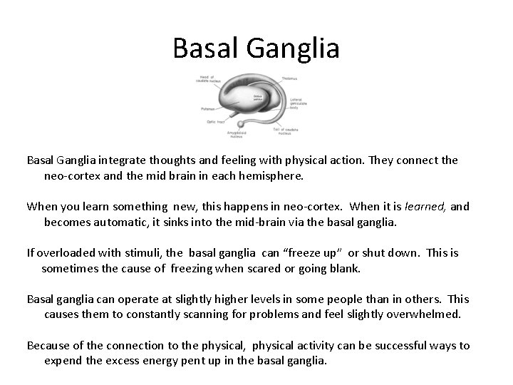 Basal Ganglia integrate thoughts and feeling with physical action. They connect the neo-cortex and
