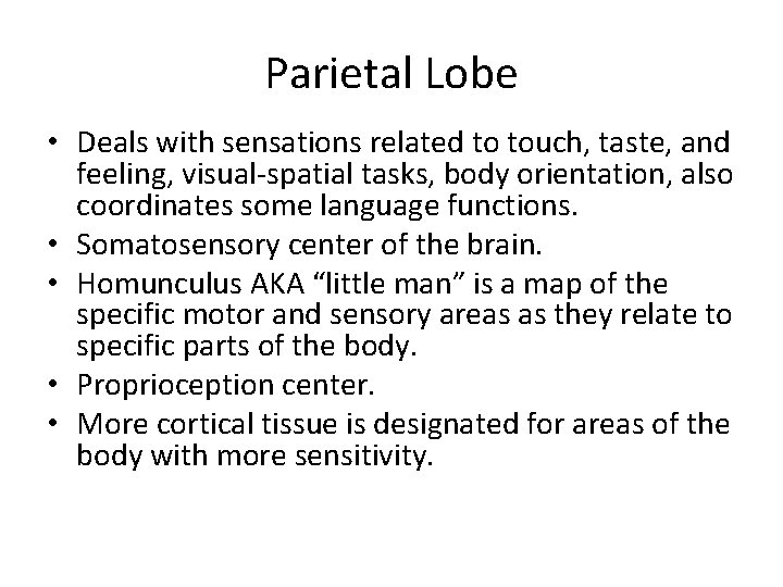 Parietal Lobe • Deals with sensations related to touch, taste, and feeling, visual-spatial tasks,