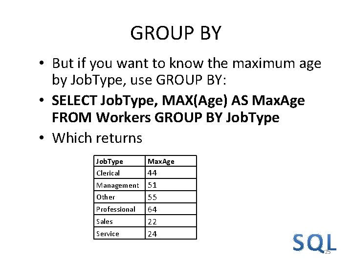GROUP BY • But if you want to know the maximum age by Job. GROUP BY • But if you want to know the maximum age by Job.