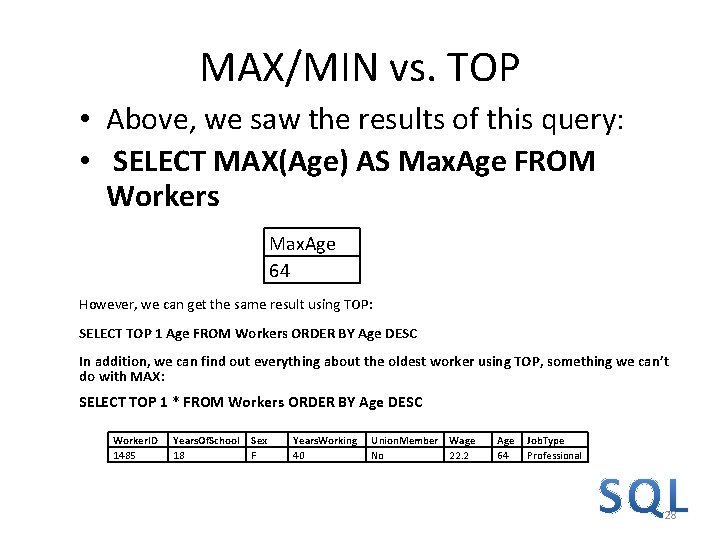 MAX/MIN vs. TOP • Above, we saw the results of this query: • SELECT MAX/MIN vs. TOP • Above, we saw the results of this query: • SELECT