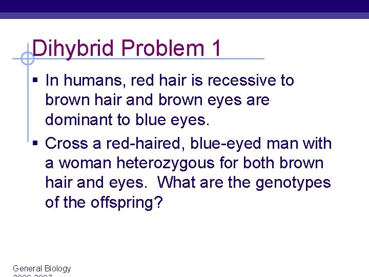 Dihybrid Problem 1 § In humans, red hair is recessive to brown hair and