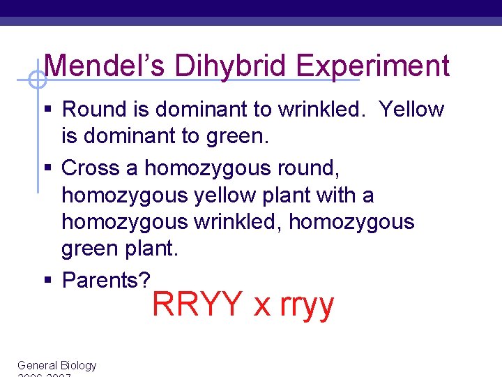Mendel’s Dihybrid Experiment § Round is dominant to wrinkled. Yellow is dominant to green.