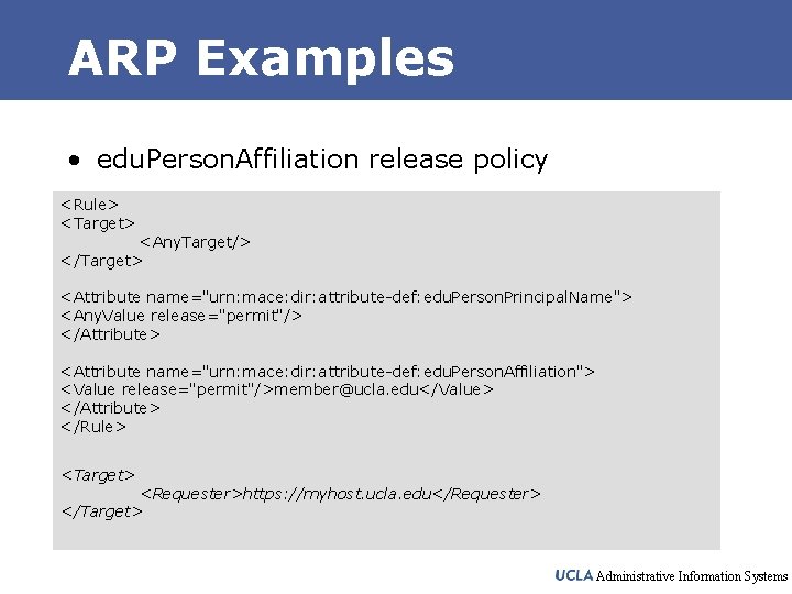 ARP Examples • edu. Person. Affiliation release policy <Rule> <Target> <Any. Target/> </Target> <Attribute