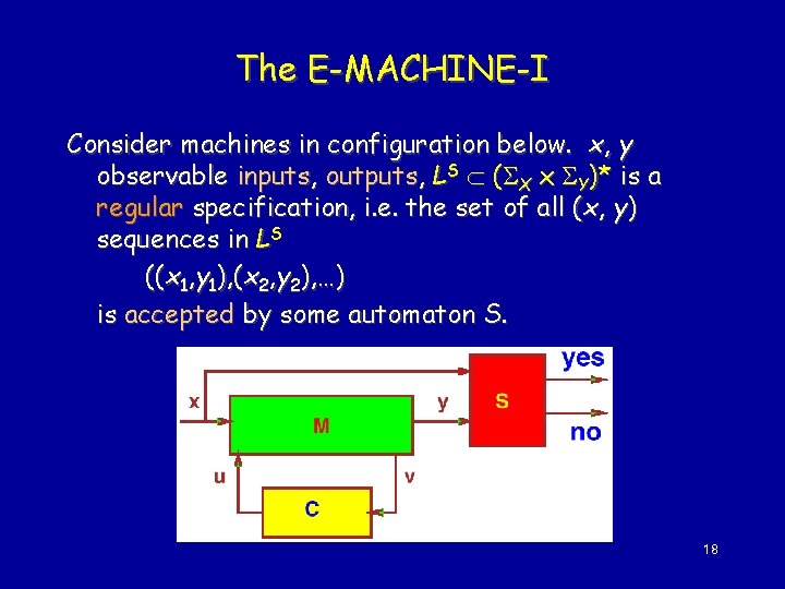 The E-MACHINE-I Consider machines in configuration below. x, y observable inputs, outputs, LS (