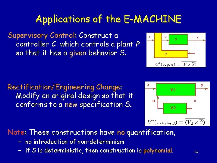 Applications of the E-MACHINE Supervisory Control: Construct a controller C which controls a plant