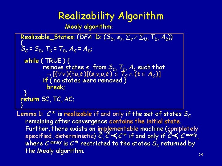 Realizability Algorithm Mealy algorithm: Realizable_States: (DFA D: (SD, s 0, V U, TD, AD))