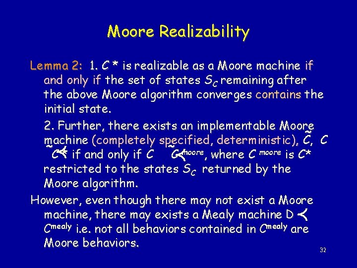 Moore Realizability Lemma 2: 1. C * is realizable as a Moore machine if