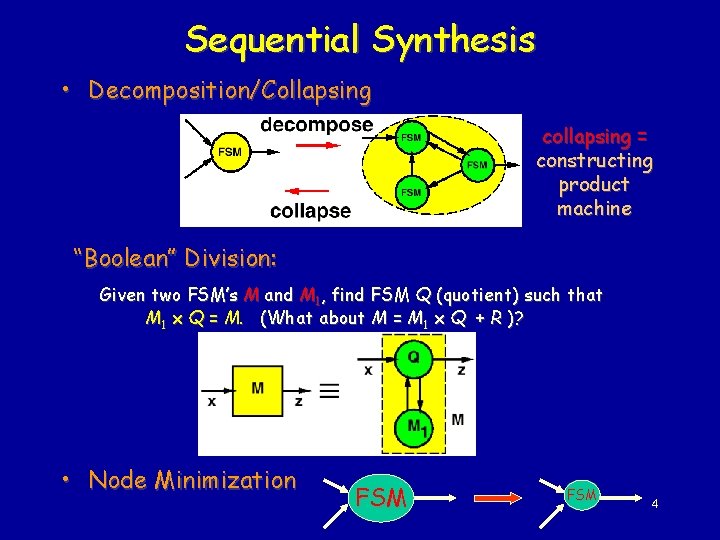 Sequential Synthesis • Decomposition/Collapsing collapsing = constructing product machine “Boolean” Division: Given two FSM’s