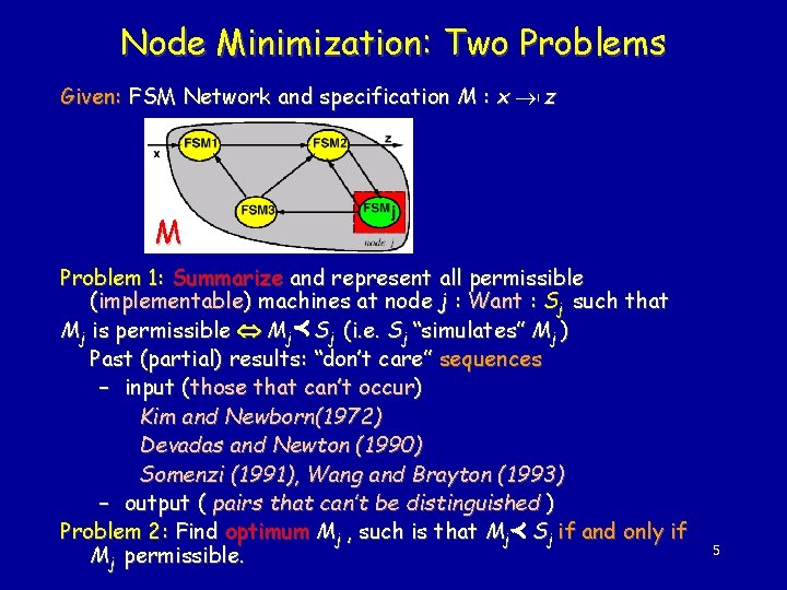 Node Minimization: Two Problems Given: FSM Network and specification M : x z M