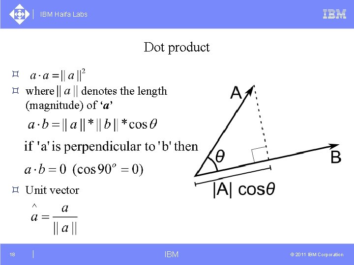 IBM Haifa Labs Dot product ³ ³ where denotes the length (magnitude) of ‘a’