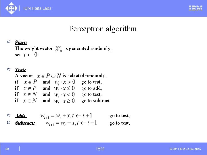 IBM Haifa Labs Perceptron algorithm ³ Start: The weight vector set ³ Test: A