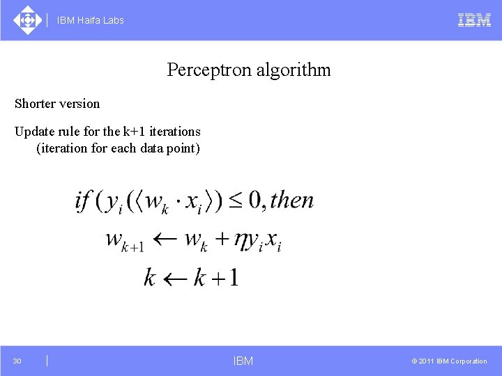 IBM Haifa Labs Perceptron algorithm Shorter version Update rule for the k+1 iterations (iteration
