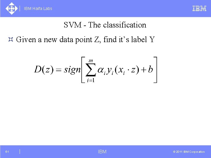 IBM Haifa Labs SVM - The classification ³ Given a new data point Z,