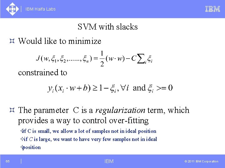 IBM Haifa Labs SVM with slacks ³ Would like to minimize constrained to ³