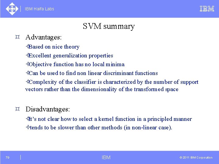 IBM Haifa Labs SVM summary ³ Advantages: ²Based on nice theory ²Excellent generalization properties