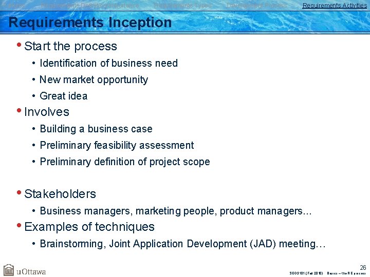 Failures Requirements Definition/Importance Requirements Types Development Process Requirements Activities Requirements Inception • Start the
