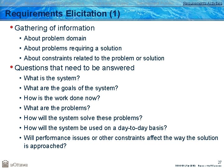 Failures Requirements Definition/Importance Requirements Types Development Process Requirements Activities Requirements Elicitation (1) • Gathering