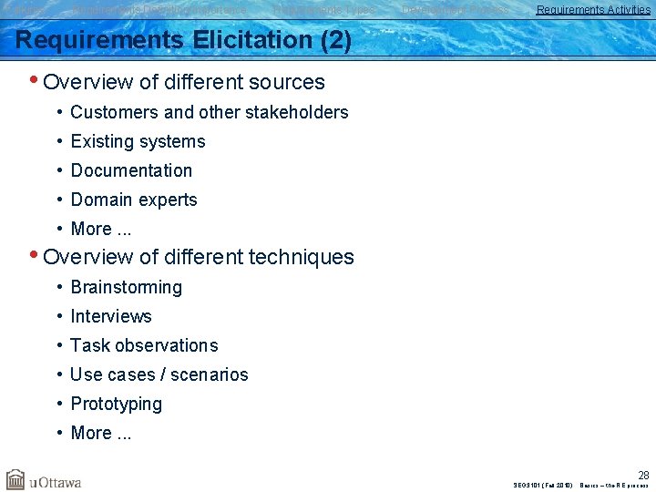 Failures Requirements Definition/Importance Requirements Types Development Process Requirements Activities Requirements Elicitation (2) • Overview