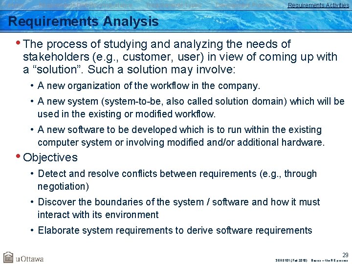 Failures Requirements Definition/Importance Requirements Types Development Process Requirements Activities Requirements Analysis • The process
