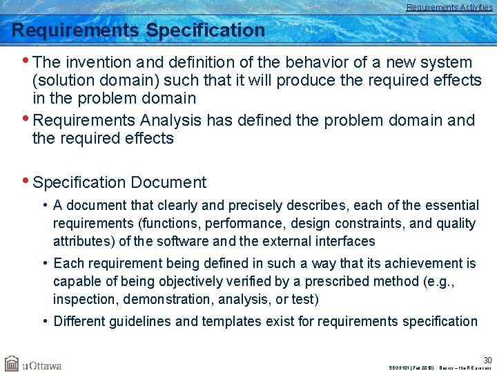 Failures Requirements Definition/Importance Requirements Types Development Process Requirements Activities Requirements Specification • The invention