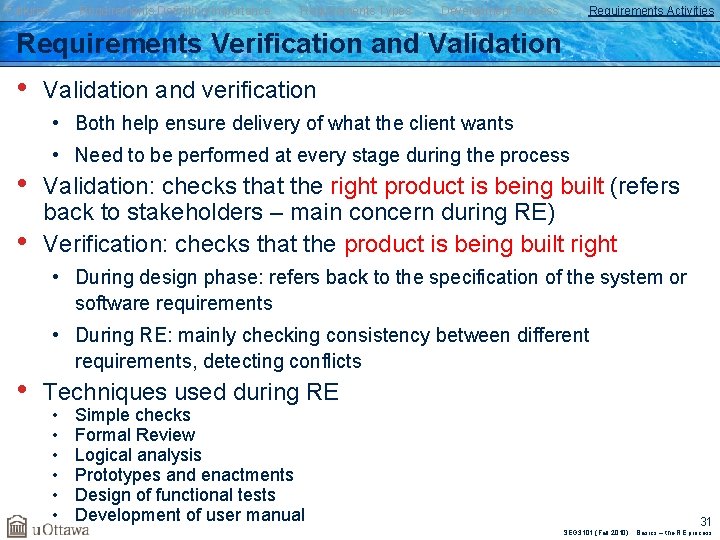 Failures Requirements Definition/Importance Requirements Types Development Process Requirements Activities Requirements Verification and Validation •
