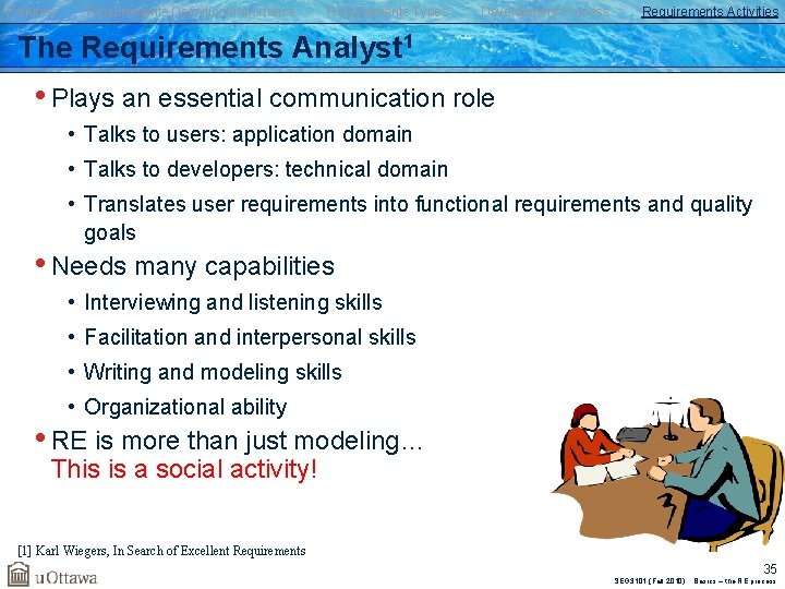 Failures Requirements Definition/Importance Requirements Types Development Process Requirements Activities The Requirements Analyst 1 •