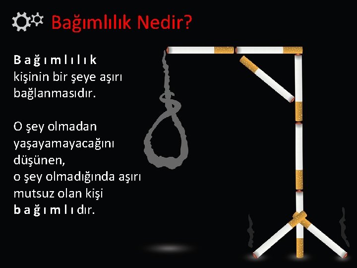 Bağımlılık Nedir? Bağımlılık kişinin bir şeye aşırı bağlanmasıdır. O şey olmadan yaşayamayacağını düşünen, o