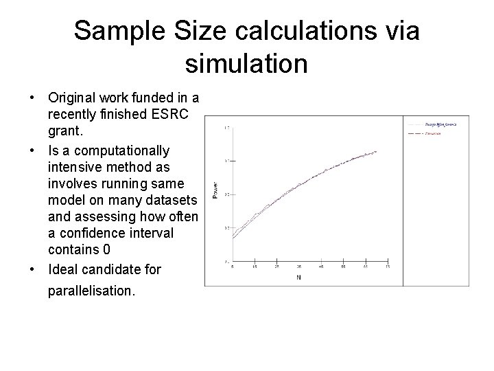 Sample Size calculations via simulation • Original work funded in a recently finished ESRC