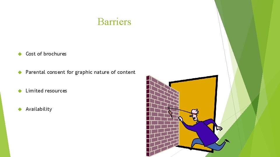 Barriers Cost of brochures Parental consent for graphic nature of content Limited resources Availability