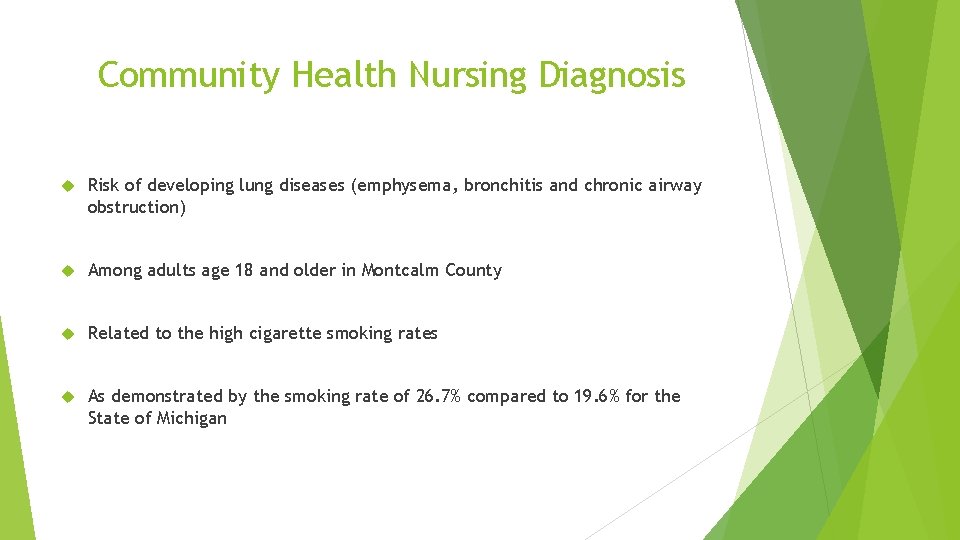 Community Health Nursing Diagnosis Risk of developing lung diseases (emphysema, bronchitis and chronic airway