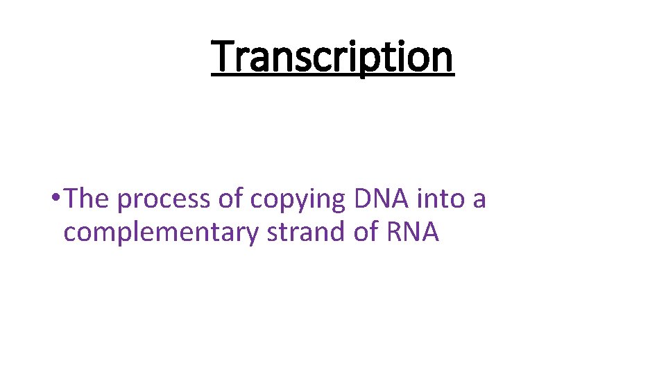 Transcription • The process of copying DNA into a complementary strand of RNA 