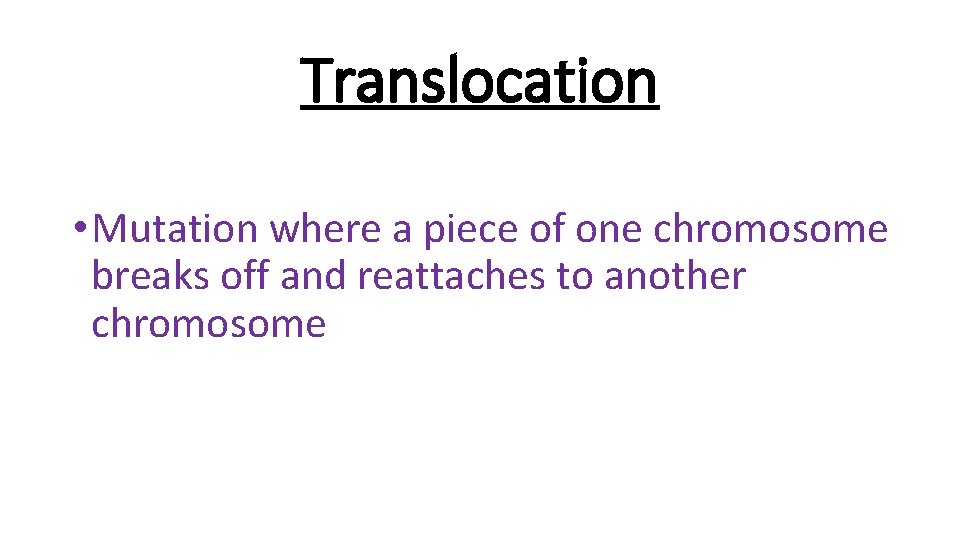 Translocation • Mutation where a piece of one chromosome breaks off and reattaches to