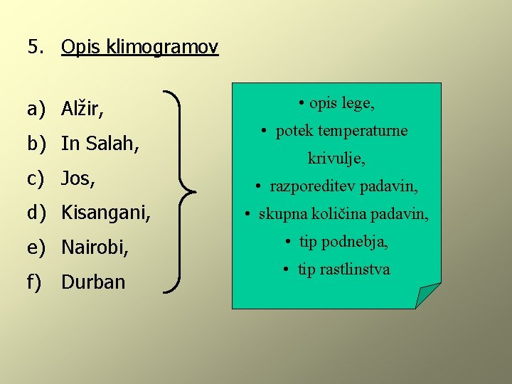 5. Opis klimogramov a) Alžir, b) In Salah, c) Jos, d) Kisangani, e) Nairobi,