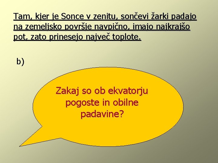 Tam, kjer je Sonce v zenitu, sončevi žarki padajo na zemeljsko površje navpično, imajo