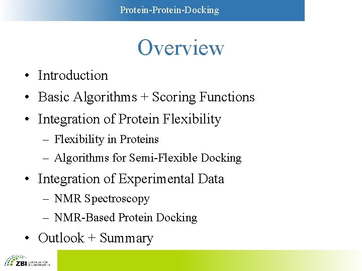 Protein-Docking Overview • Introduction • Basic Algorithms + Scoring Functions • Integration of Protein