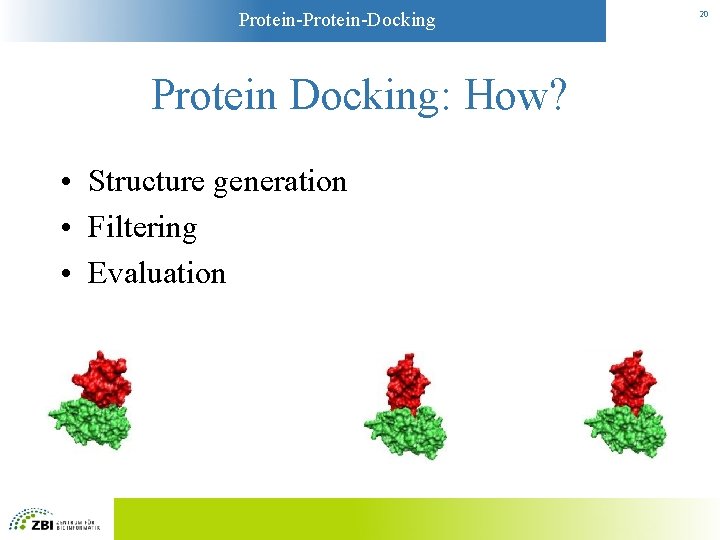 Protein-Docking Protein Docking: How? • Structure generation • Filtering • Evaluation 20 