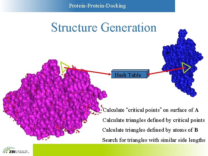 Protein-Docking Structure Generation Hash Table Calculate “critical points” on surface of A Calculate triangles