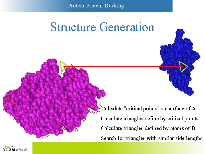 Protein-Docking Structure Generation Calculate “critical points” on surface of A Calculate triangles define by