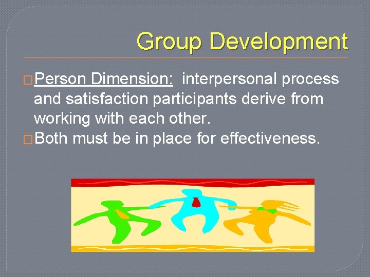 Group Development �Person Dimension: interpersonal process and satisfaction participants derive from working with each