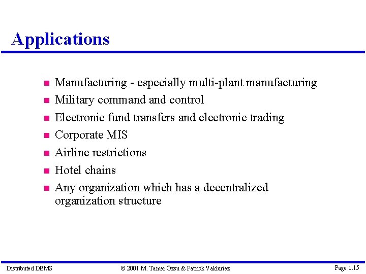 Applications Distributed DBMS Manufacturing - especially multi-plant manufacturing Military command control Electronic fund transfers